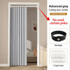 Advanced grey folding door curtain shown hanging in a doorway with accompanying bandage and C-type hook.