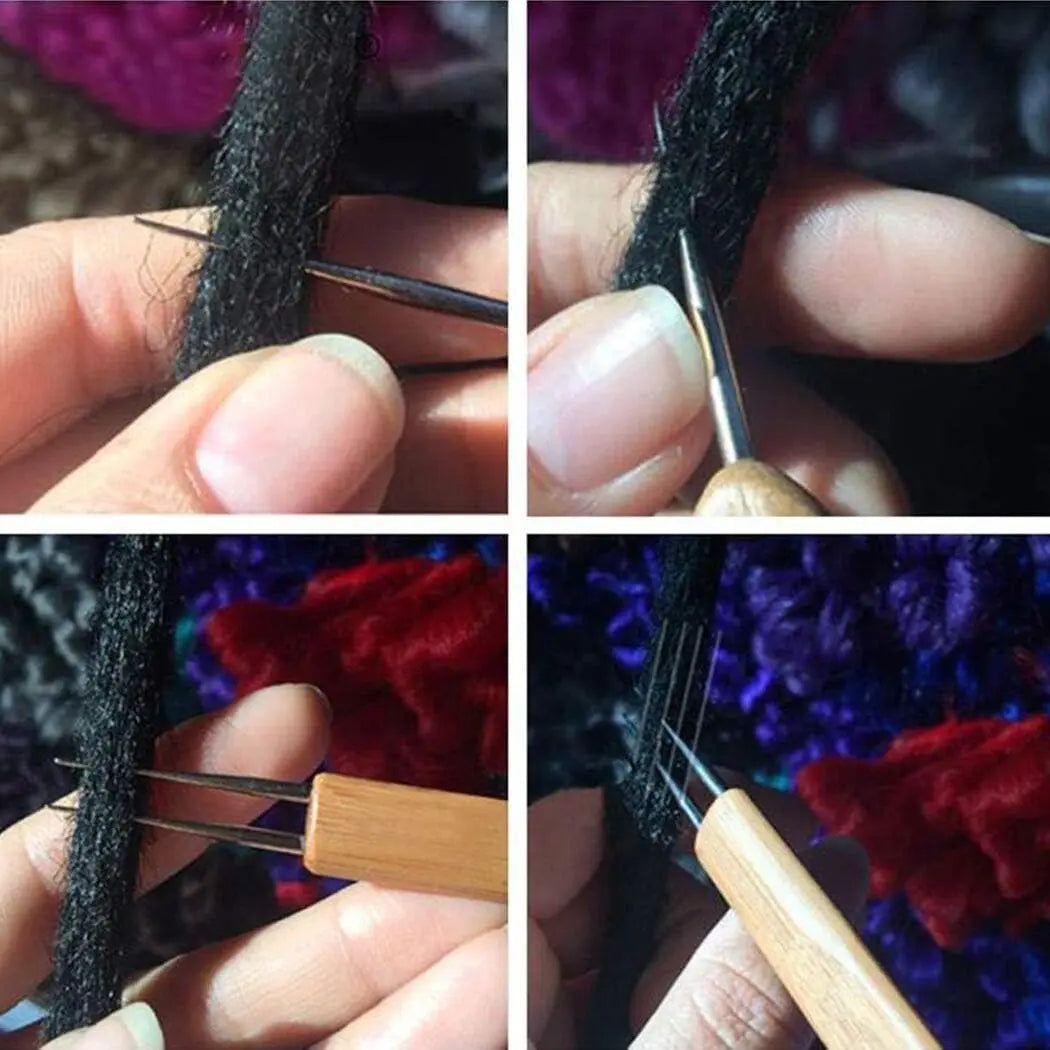 A set of dreadlock crochet hooks being held by hands against a dark purple fabric background.