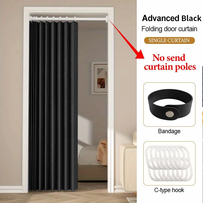 Black folding door curtain shown hanging in a white door frame with separate bandage and C-type hook accessories