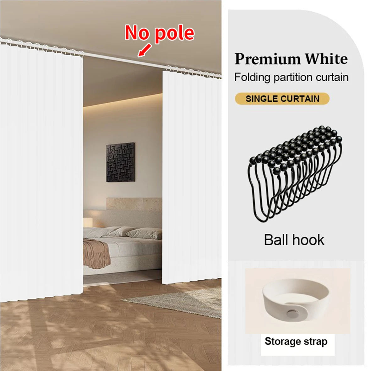 Premium white folding partition curtain with ball hook and storage strap shown in a doorway.