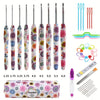 A set of various sized and shaped crochet knitting hooks in pink, green, and clear plastic.