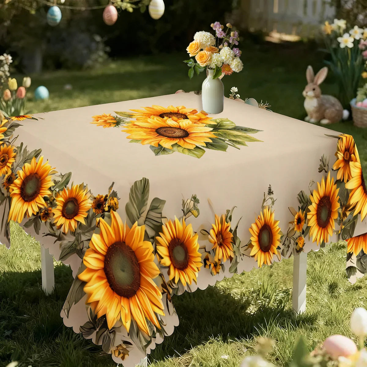 A beige tablecloth decorated with large yellow sunflowers and green foliage outdoors.