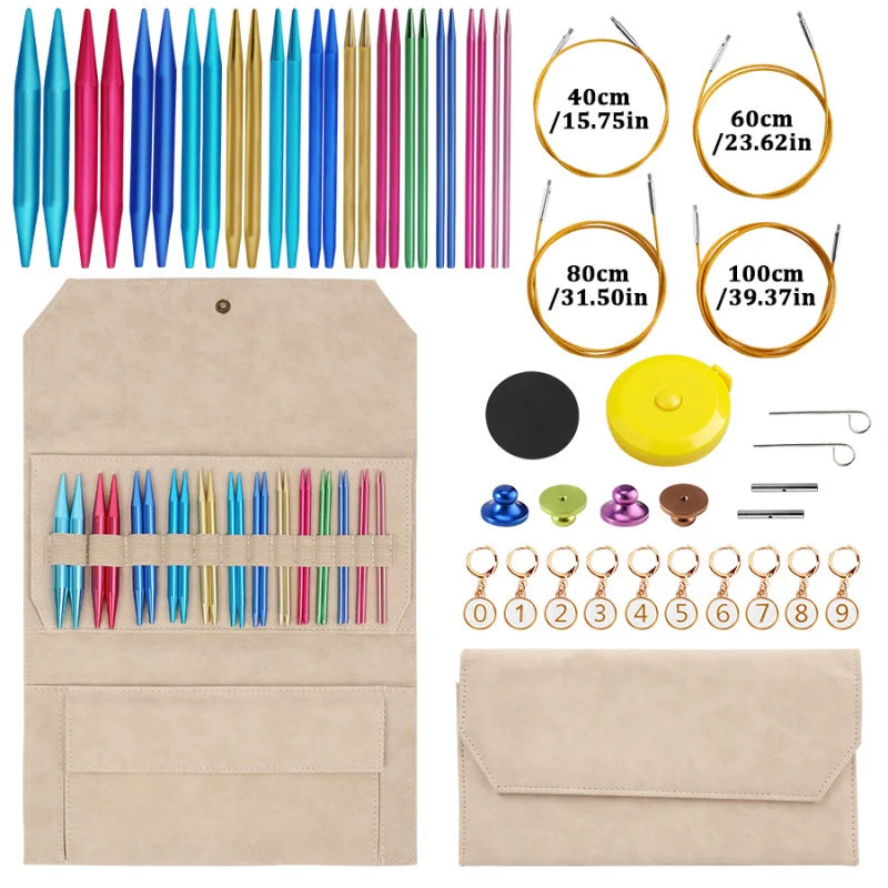 Aluminum circular needle set with various sizes and colors stored in a beige leather case