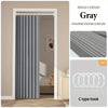 Gray folding door curtain with C-type hooks shown in a doorway setting.