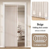 Beige folding door curtain with C-shaped hook shown in a doorway.