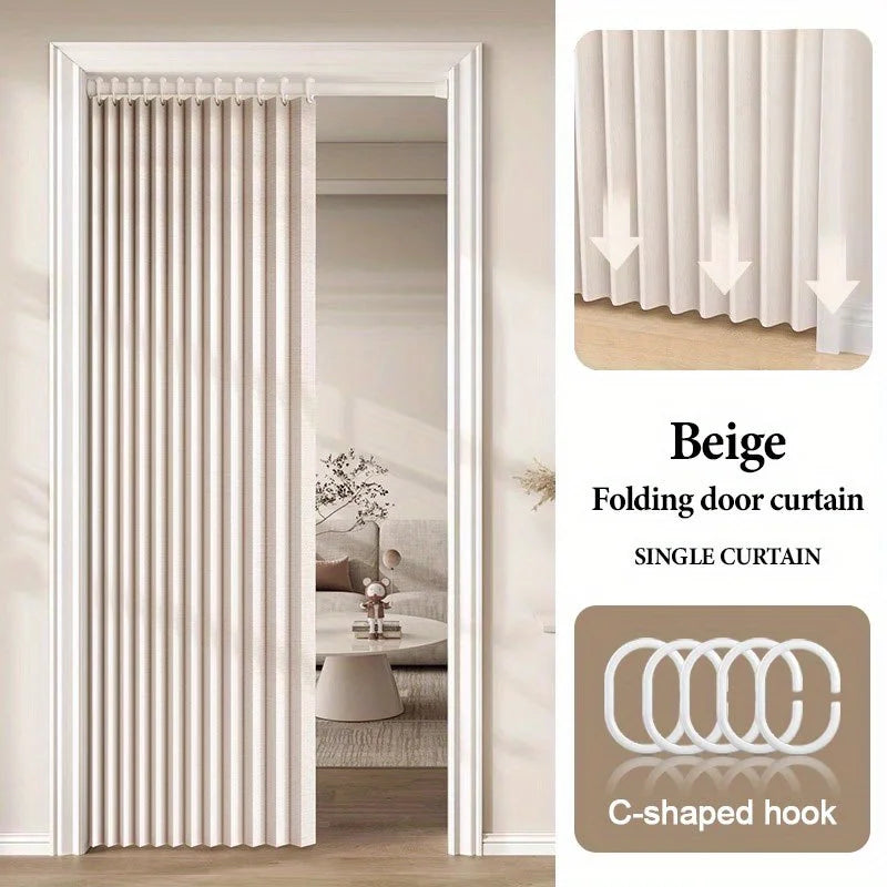 Beige folding door curtain with C-shaped hook shown in a doorway.