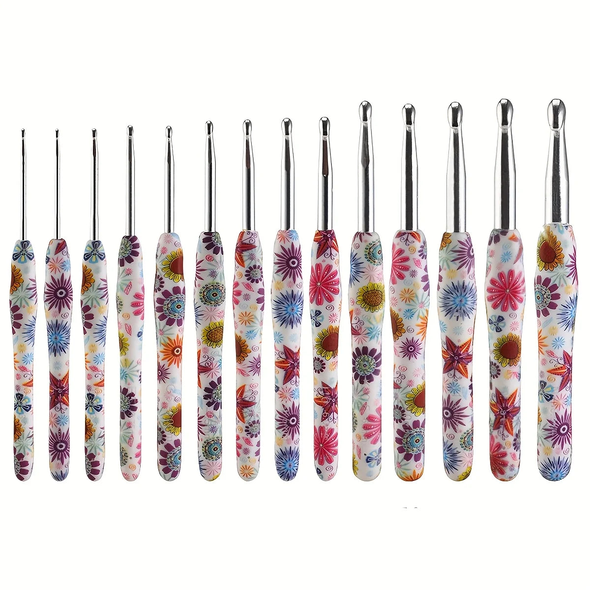 A row of handmade crochet knitting hooks featuring colorful floral designs in various shades of pink, purple, and green.