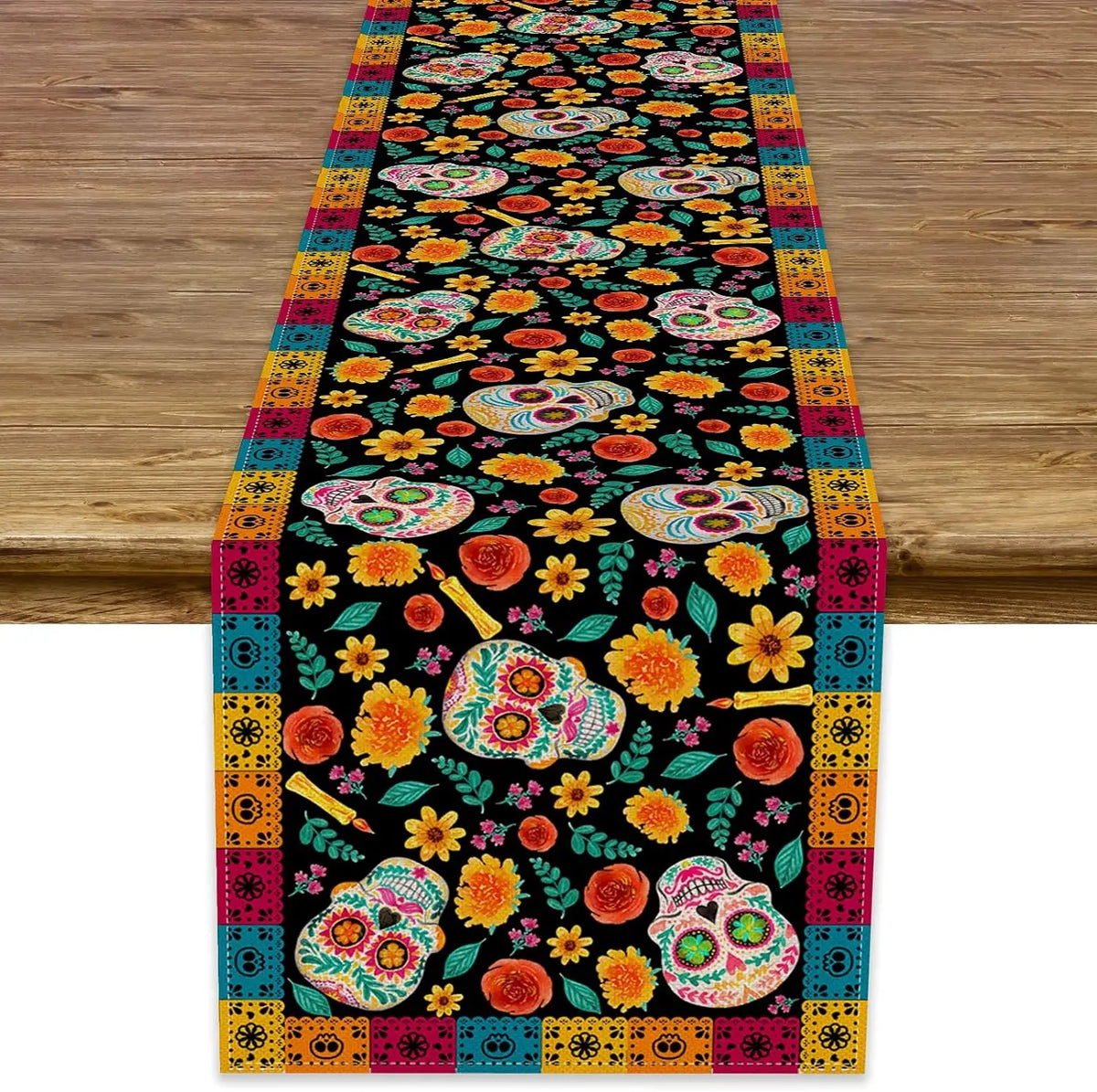 A vibrant Day of the Dead sugar skull linen table runner featuring colorful floral patterns and decorative borders.