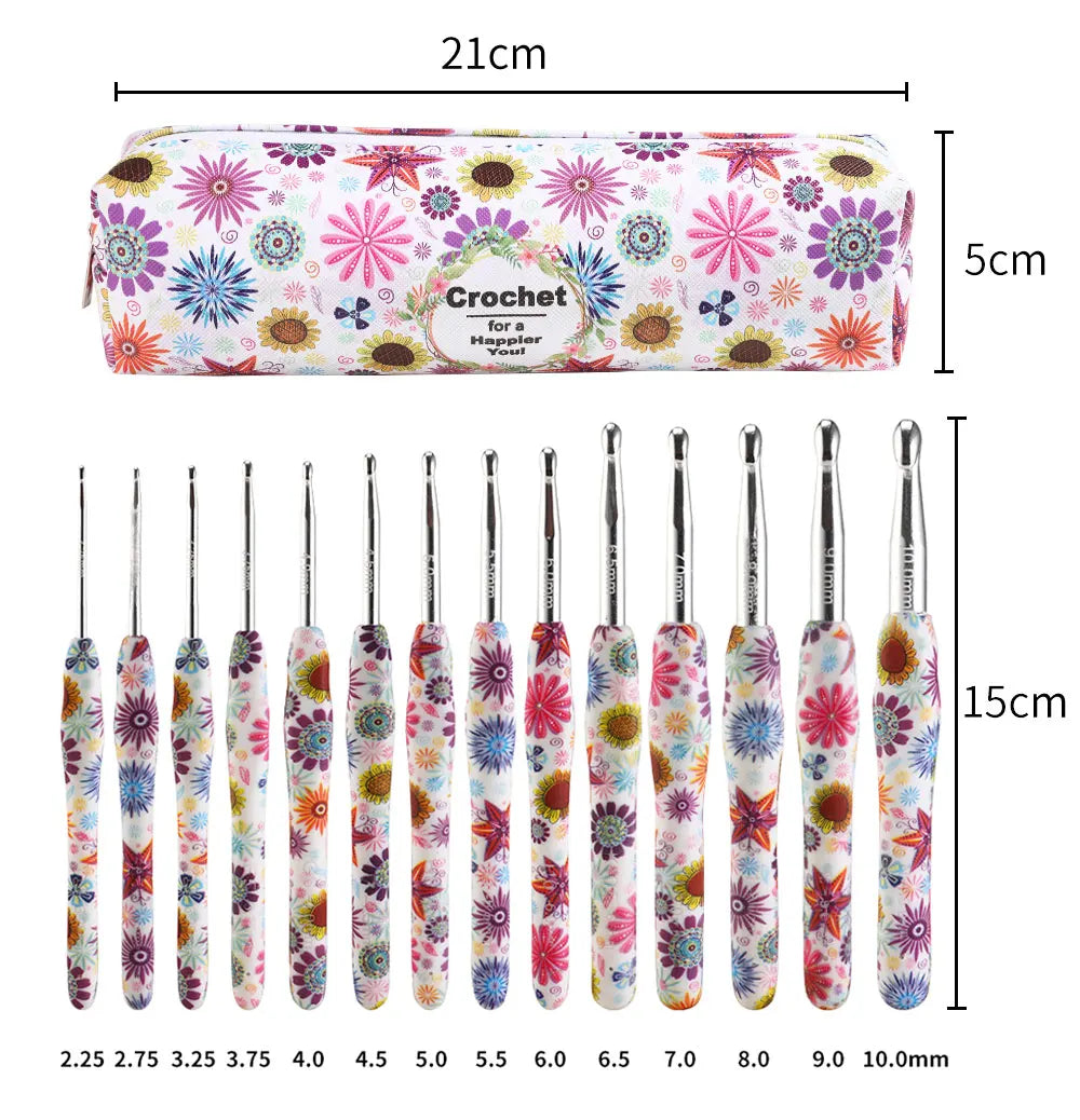 A set of handmade crochet knitting hooks in various sizes and colors displayed next to a measuring scale.