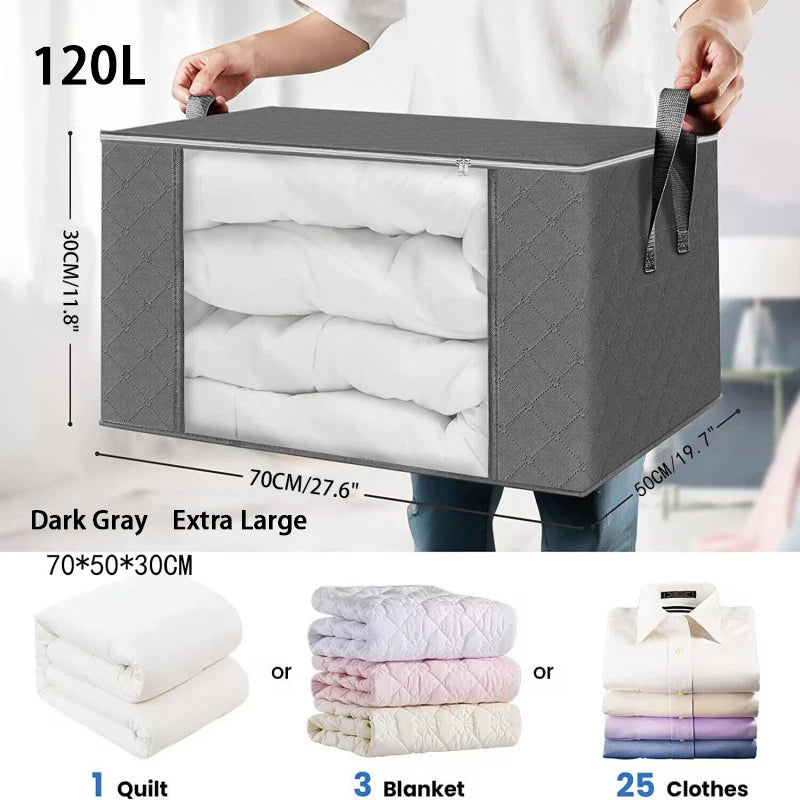 A dark gray foldable clothes organizer bag is shown with a clear window, demonstrating its capacity for storing quilts, blank
