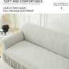 A light gray sofa cover with a textured pattern is shown, emphasizing elasticity and comfort.