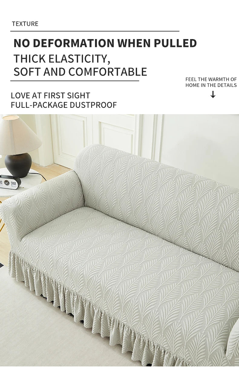 A light gray sofa cover with a textured pattern is shown, emphasizing elasticity and comfort.