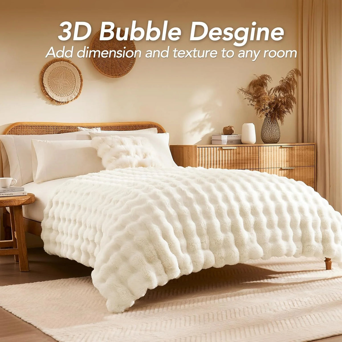 A fluffy white faux fur bubble blanket is displayed on a bed, adding texture to the room.