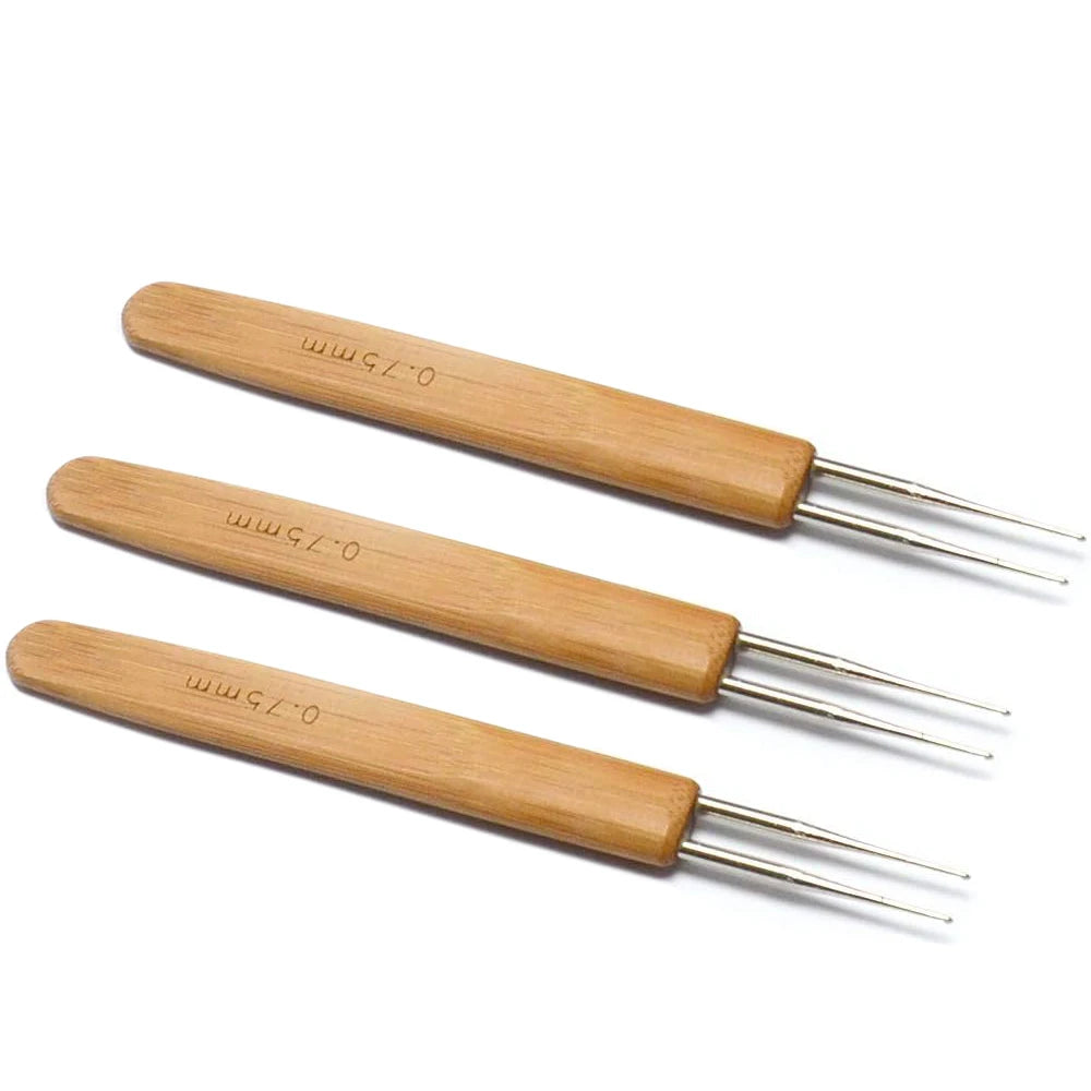 A set of three wooden dreadlock crochet hooks with 0.75mm tips.