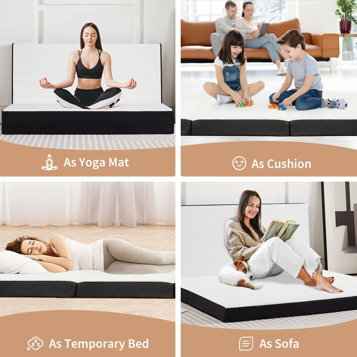 Tri-fold memory foam mattress shown in various uses including a yoga mat, cushion, temporary bed, and sofa.