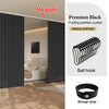 A premium black folding partition curtain with a ball hook and storage strap shown in an interior setting.