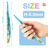 A hand holds a blue epoxy crochet hook with a floral pattern, demonstrating its size H-5.0mm.