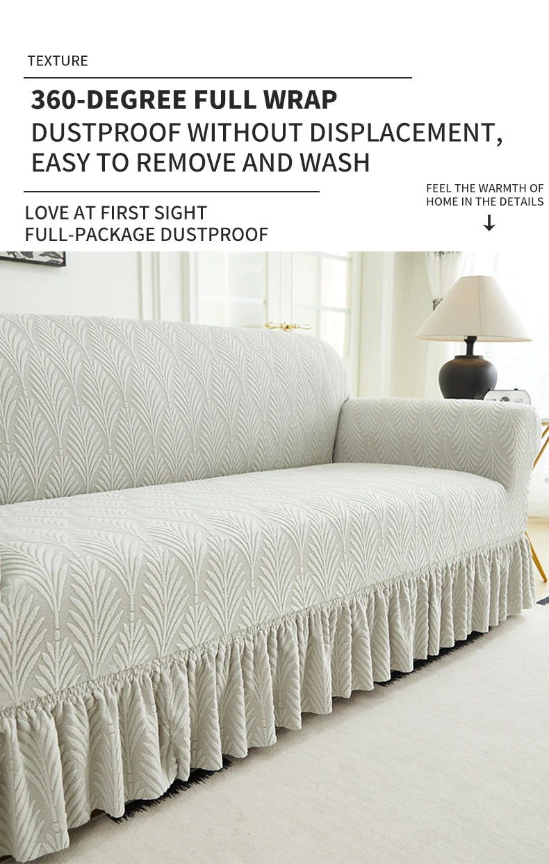 A light beige sofa cover featuring a textured, pleated fabric displayed on a couch.