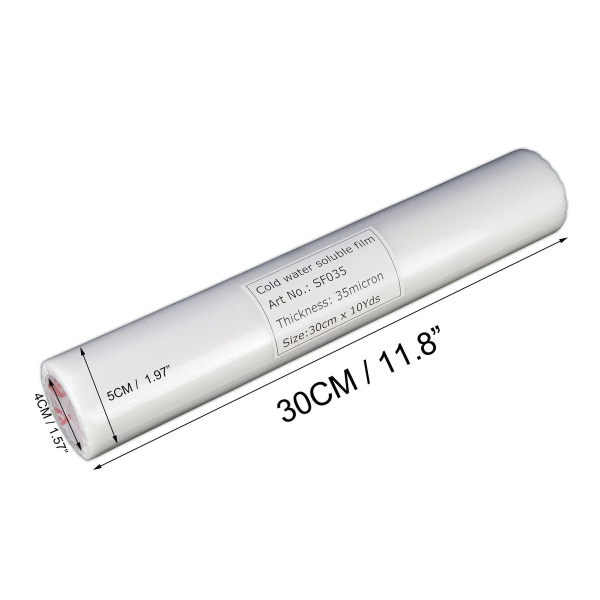 A roll of white cold water soluble film embroidery stabilizer with dimensions 30cm or 11.8 inches.