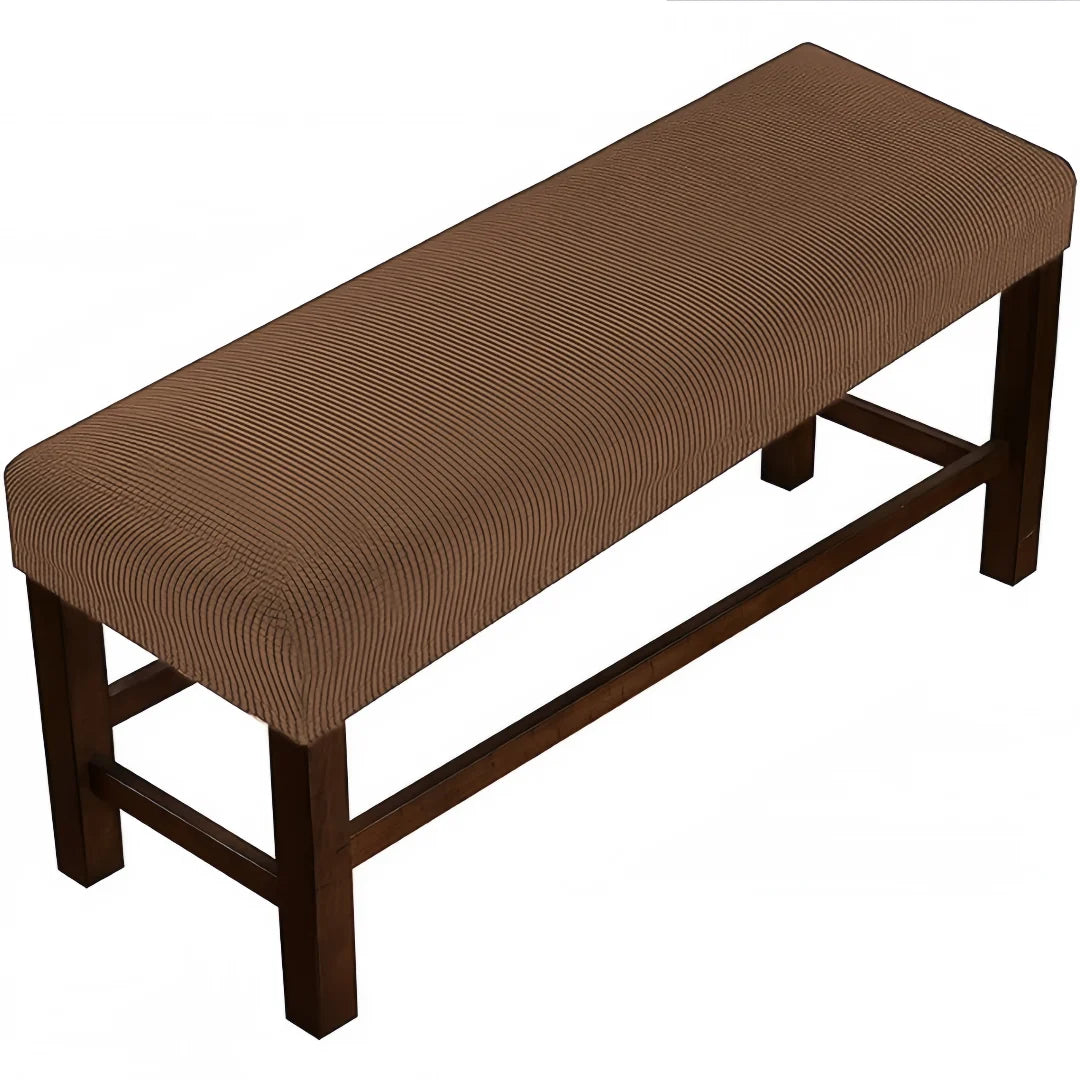 A brown upholstered elastic stool cover with a wooden frame for living room seating.