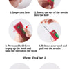Instructions showing how to use an automatic sewing needle threader with a hook and thread.