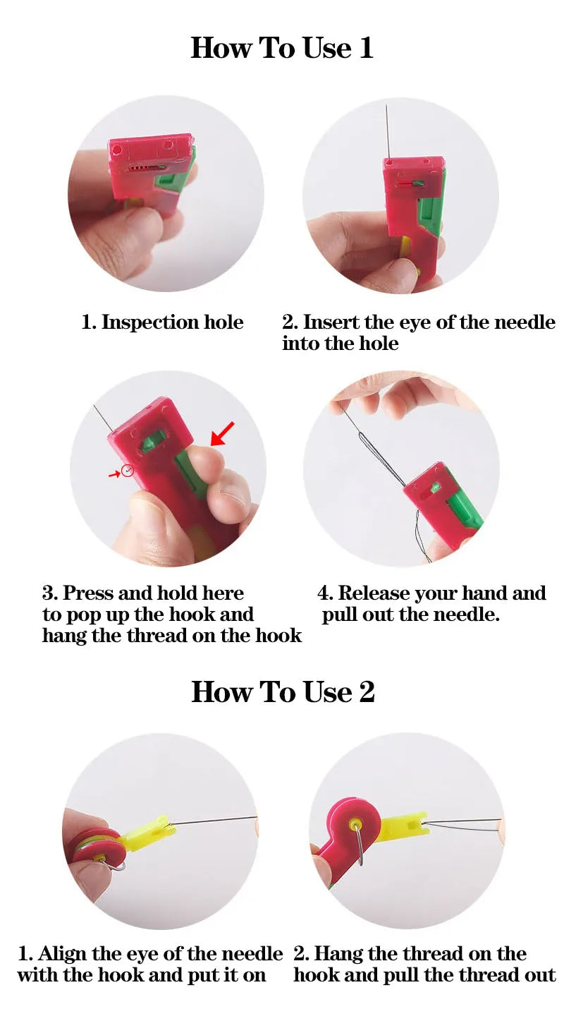 Instructions showing how to use an automatic sewing needle threader with a hook and thread.