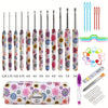 A set of 8 wooden crochet knitting hooks in various sizes and colors displayed next to a crochet kit.