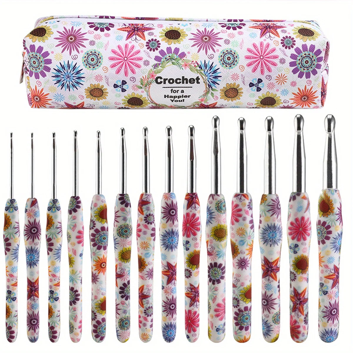 A set of colorful handmade crochet knitting hooks displayed on a fabric background.