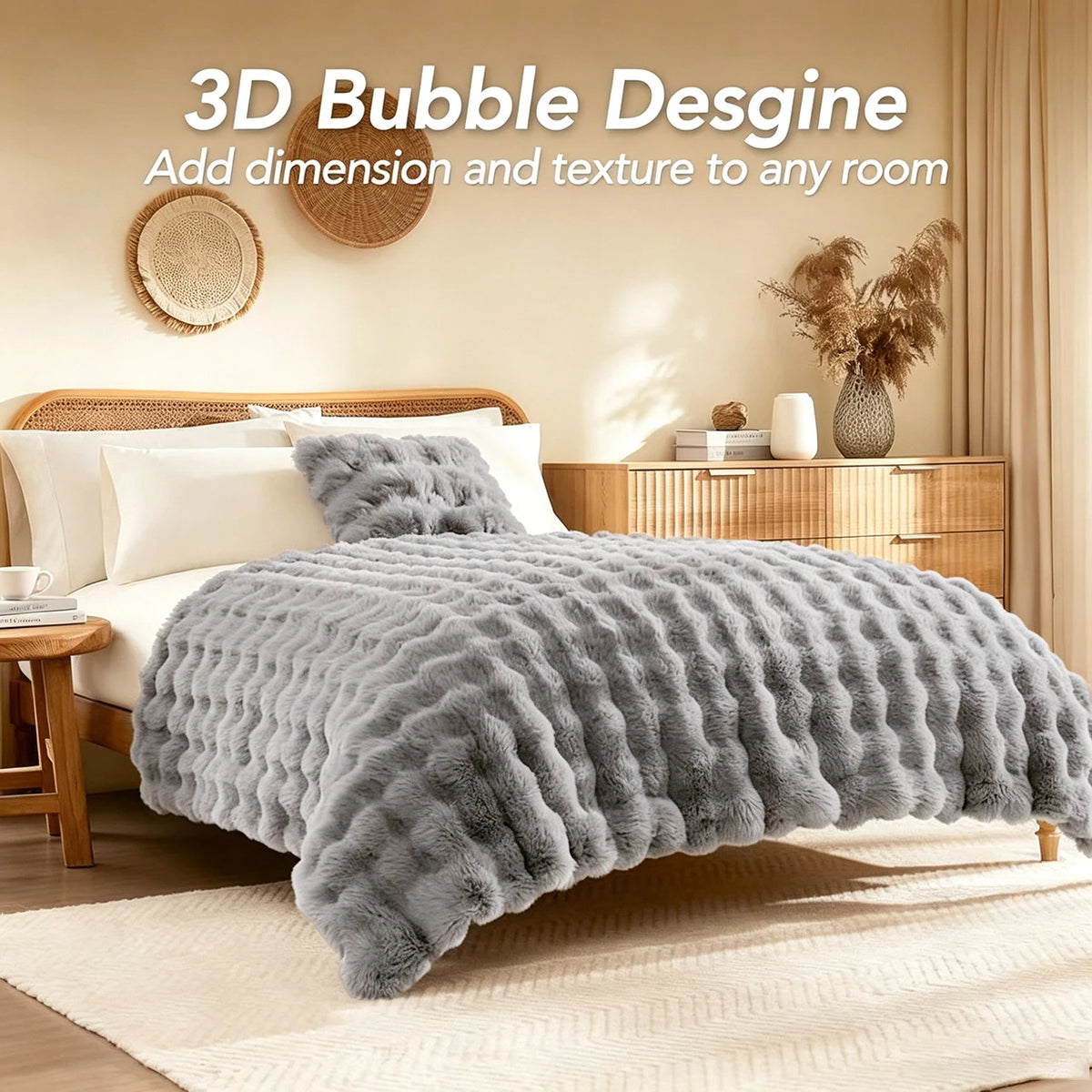 A gray plush faux fur bubble blanket draped over a bed, adding texture to a bedroom setting.