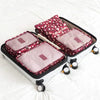 A set of six pink and maroon fabric storage organizers for clothes.
