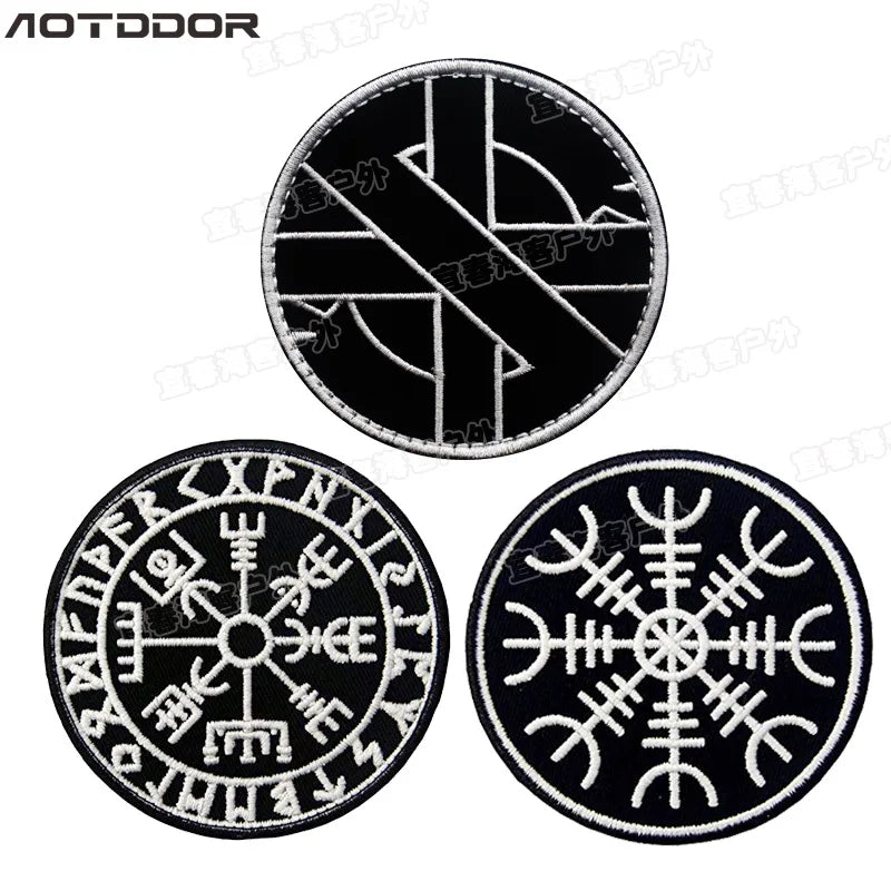 Black embroidered Valknut Viking patch with hook and loop backing