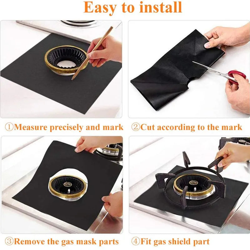 Instructions for easily installing a premium gas stove protector set, showing measurement and fitting of the shield part.