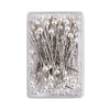 A clear plastic container filled with 100 pearl head sewing pins for dressmaking and DIY projects.