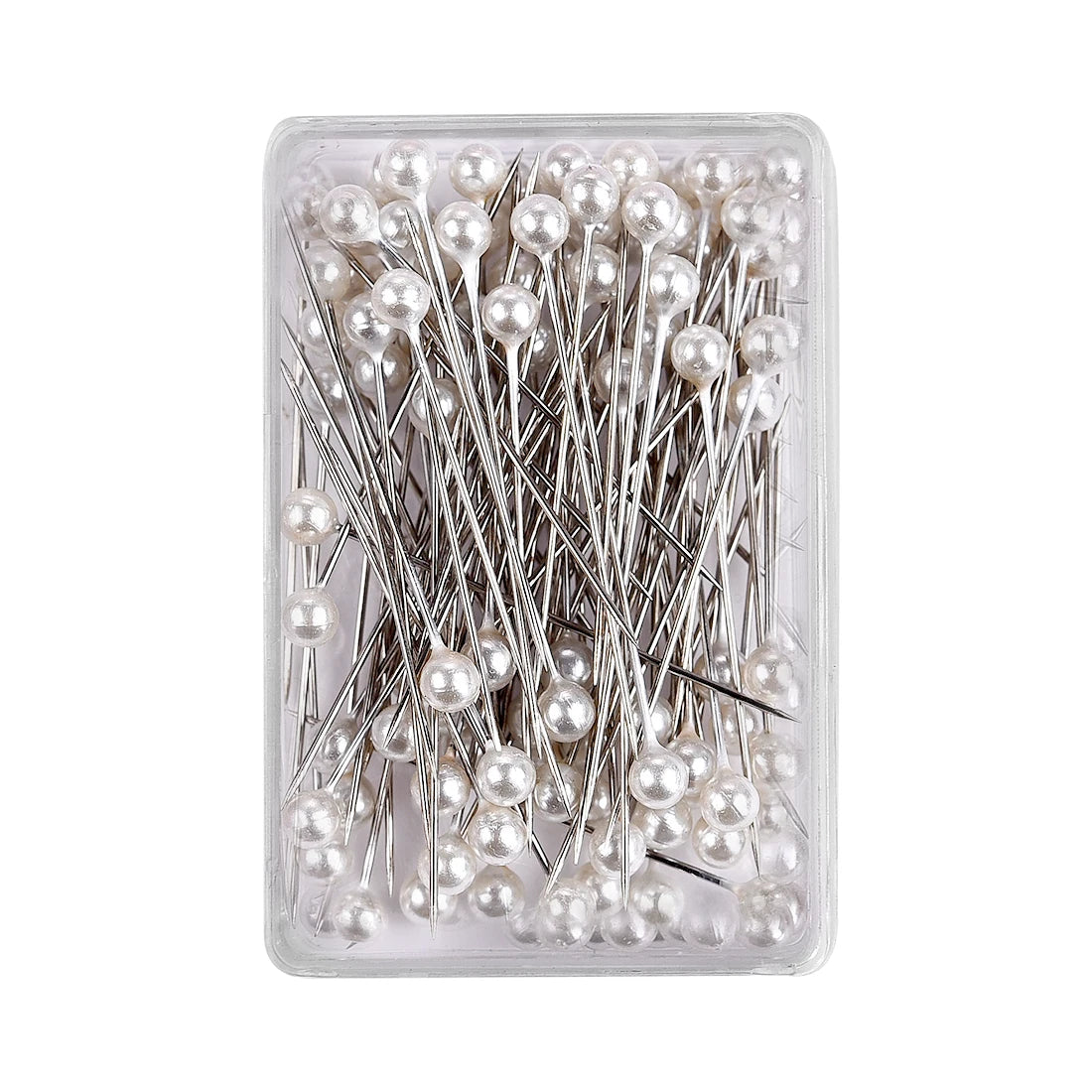A clear plastic container filled with 100 pearl head sewing pins for dressmaking and DIY projects.