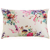 A square silk pillowcase with a floral print featuring pink, purple, and green flowers on a cream background.