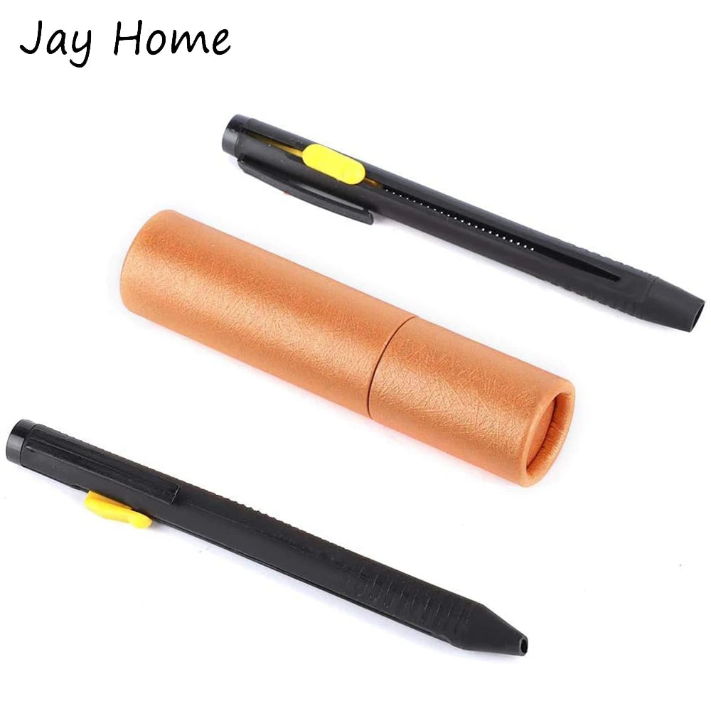 A set of fabric marking chalk pens for sewing and quilting, featuring a black pen with a yellow tip and a rolled orange appli