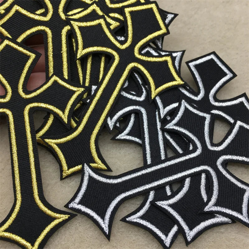 Black and gold embroidered cross applique patches for clothing