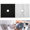 Four reusable non-stick gas stove cleaning mats shown in black and white against a dark and light background.
