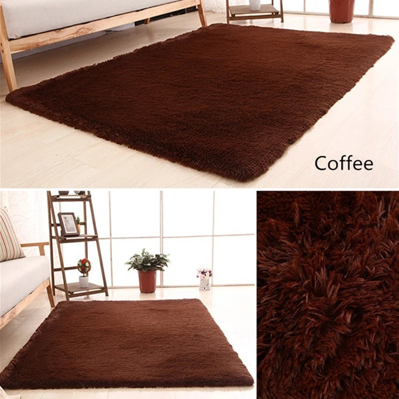 A dark brown plush throw rug displayed on a light wooden floor.