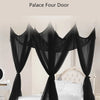 Black sheer mosquito net canopy draped over a white bed for a palace four-door style bedroom decor