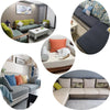 Various gray and orange stretch sofa seat cushions and slipcovers shown in different angles.