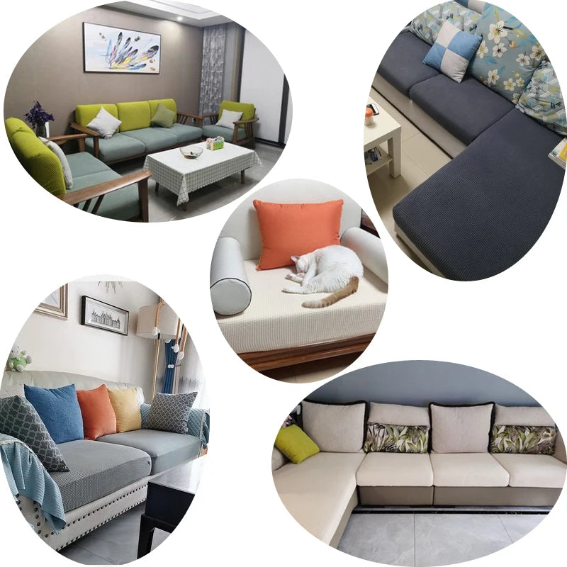 Various gray and orange stretch sofa seat cushions and slipcovers shown in different angles.