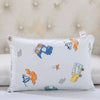 A white cartoon style children's pillowcase featuring colorful vehicles and animals.