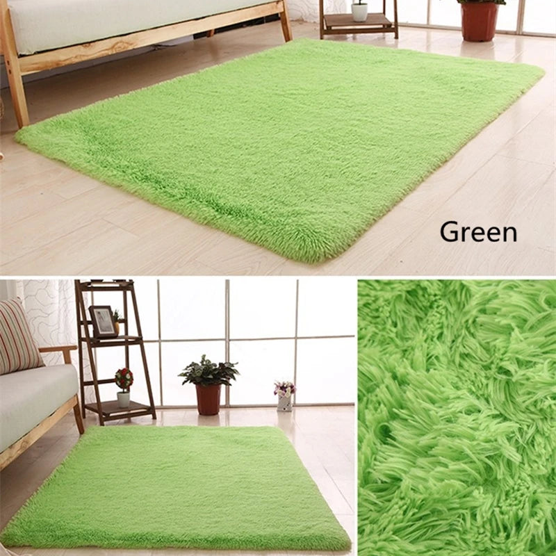 A bright green plush throw rug placed on a light wooden floor next to a sofa.