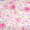 Pink floral and stripe cotton twill fabric featuring pink, purple, and green roses and foliage.