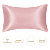 A smooth, rosy pink mulberry silk satin pillowcase shown flat.