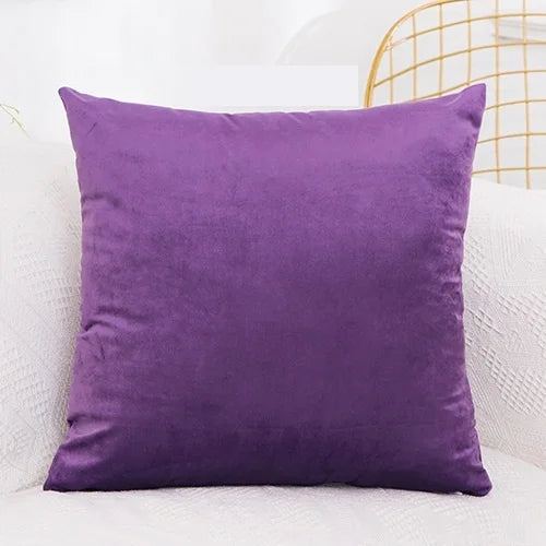A solid purple velvet decorative cushion cover resting on a white sofa.