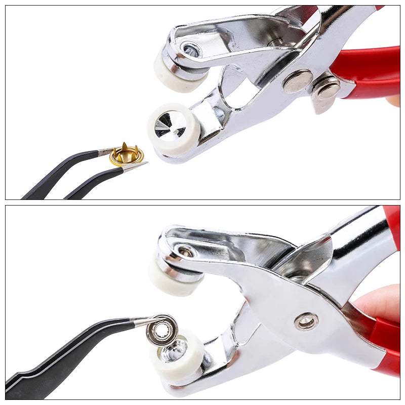 A close-up view of a heavy duty metal snap fastener kit showing the tool and components.