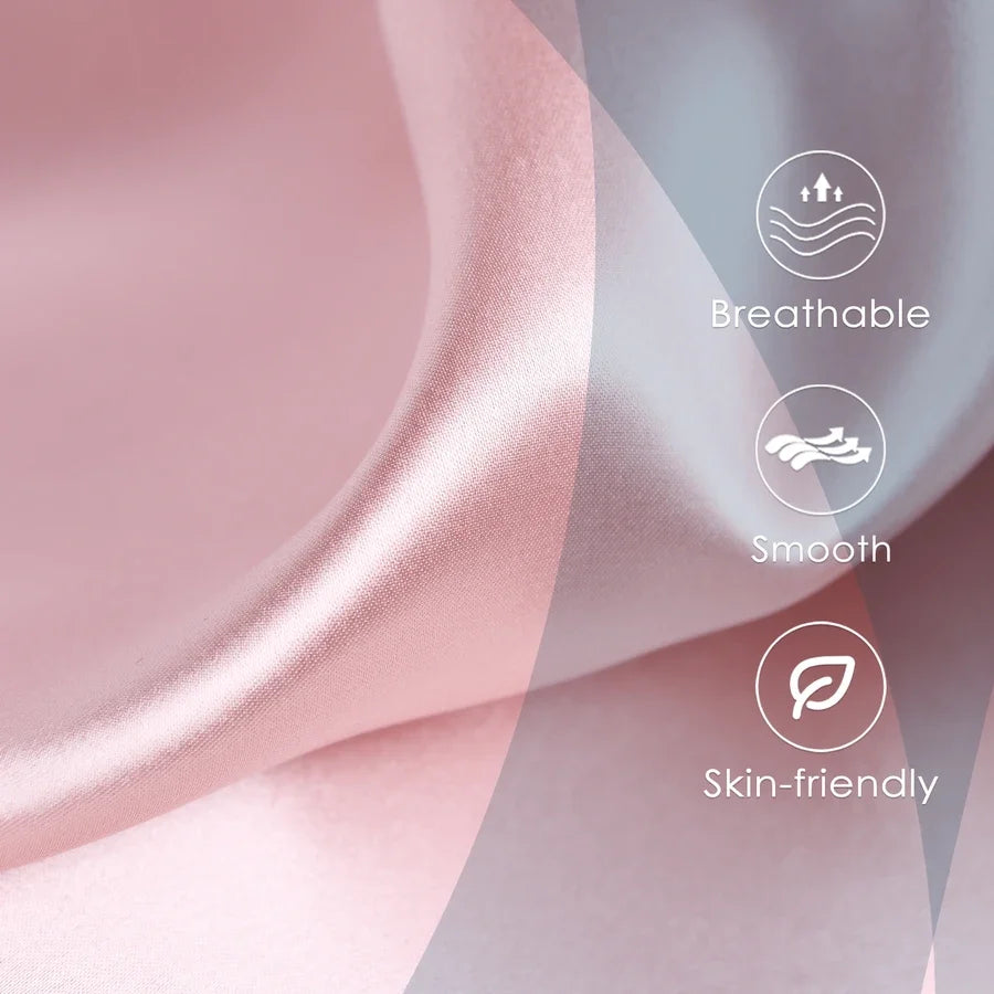 Close-up of a pink mulberry silk satin fabric with icons highlighting breathable smooth and skin-friendly features.