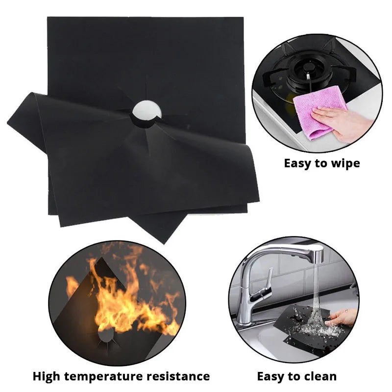 Reusable non-stick gas stove cleaning mats shown with features like easy wiping and high temperature resistance.